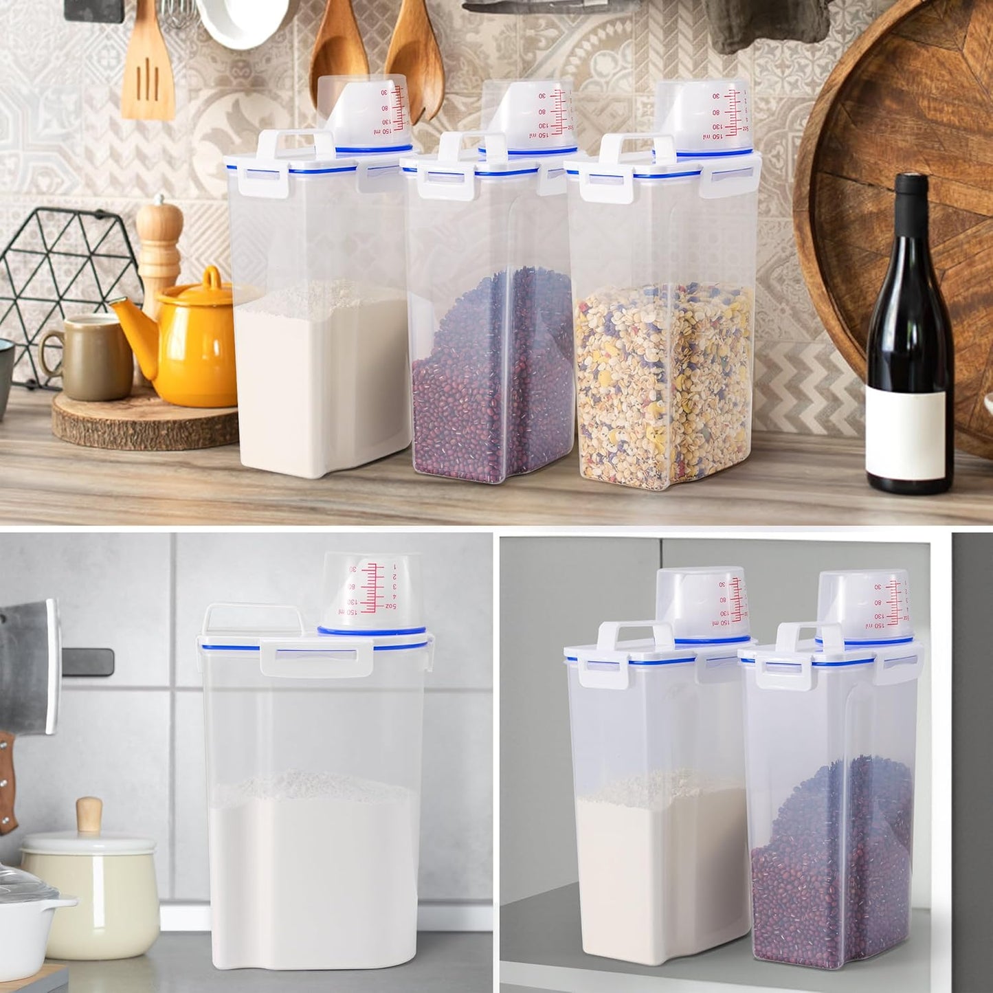 2 Pcs 5.5Lbs Rice Dispenser Storage Containers, Rice Container with Measuring Cup & Pour Spout, Kitchen Plastic Airtight Container for Cereal, Grain, Flour, Sugar, Oatmeal, Dry Pet Dog Food