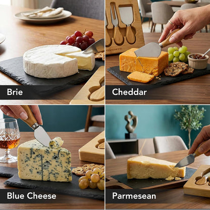 OVENTE 4 Piece Cheese Knife Set with Bamboo Handle & Wooden Case, Complete Stainless Steel Charcuterie Knives, Ideal Cheese Slicer, Spread & Butter Cutter for Party and Holiday Gift, Brown KCS5974B
