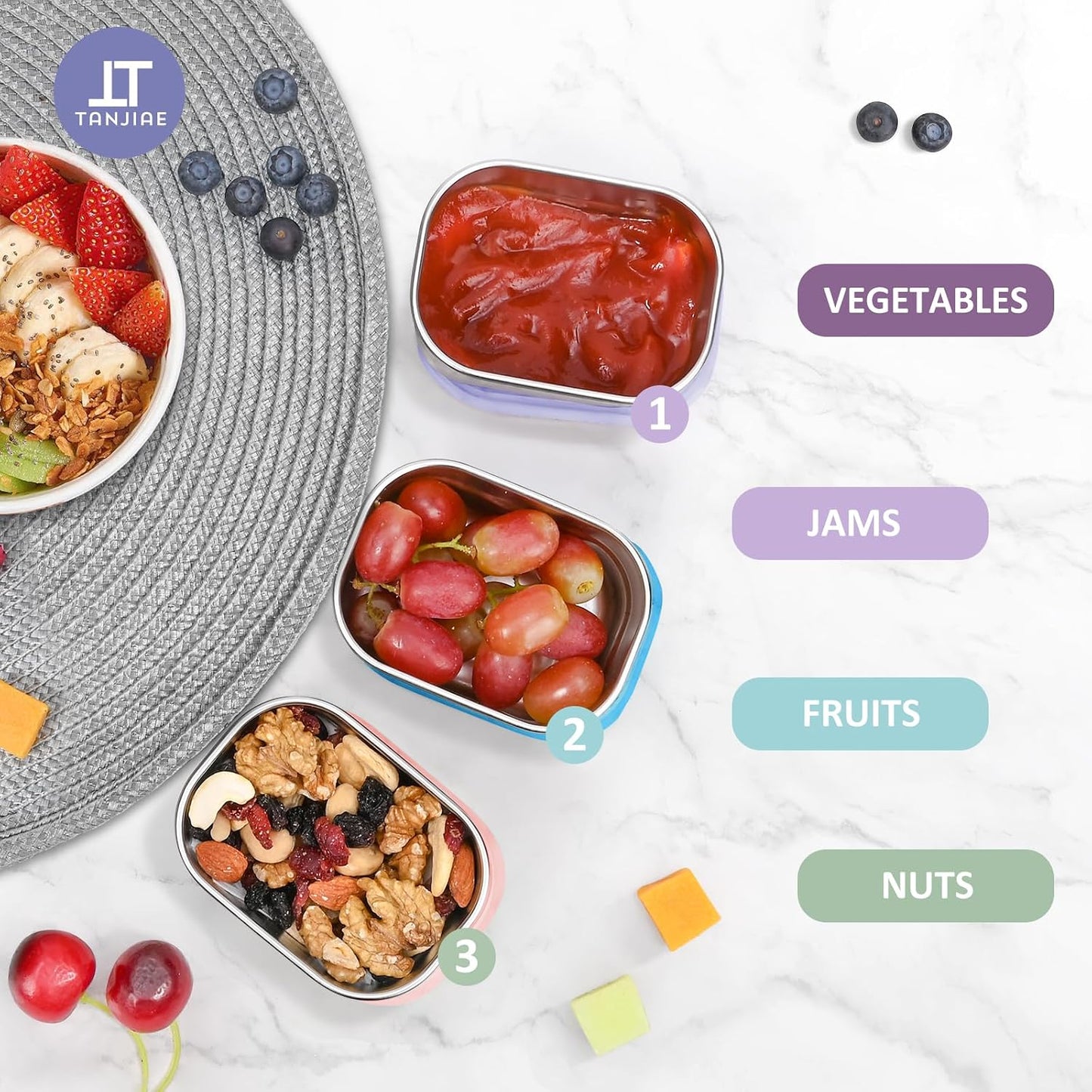Tanjiae Small (1 CUP) Stainless Steel Snack Containers for Kids | Easy Open Leak Proof Food Containers with Silicone Lids - Perfect Metal Toddler Lunch Box for Daycare and School (8oz)