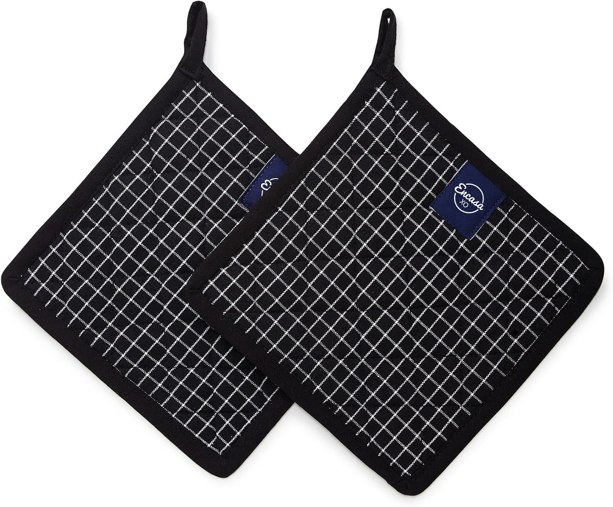 Encasa XO Pot Holders, Quilted Kitchen Hot Pads 8"x8" Black