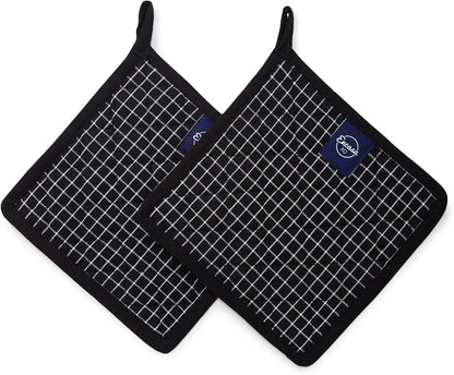 Encasa XO Pot Holders, Quilted Kitchen Hot Pads 8"x8" Black