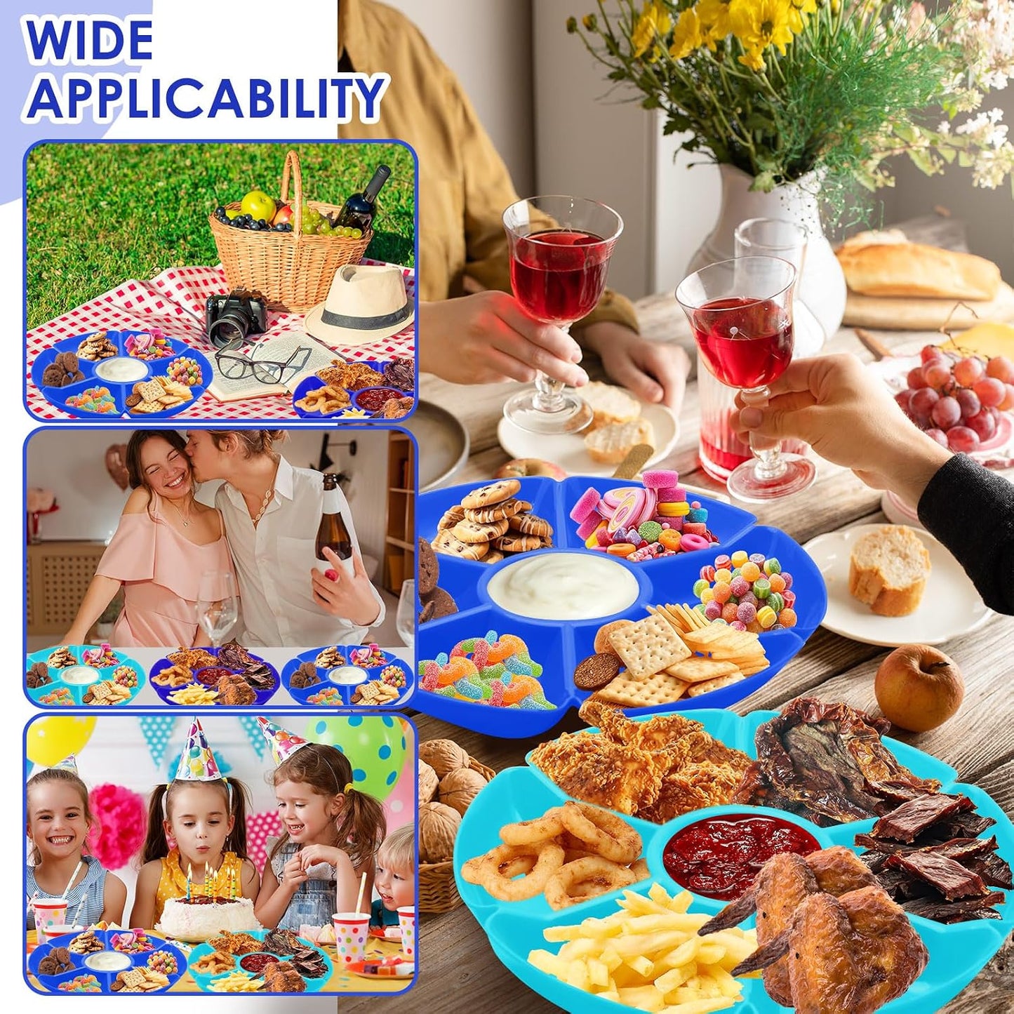 3 Pcs Sectional Round Plastic Serving Tray Platters 11inch Unbreakable Chip and Dip Divided Serving Plates,Round 7 Compartments Multifunctional Food Platter for Snack,Nuts,Candy,Dried Fruit,Veggies