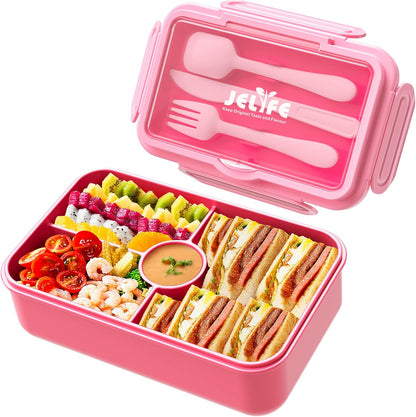Jelife Bento Lunch Box for Kids - Leakproof Large Bento-Style with 4 Compartments Portions Lunchbox with Tableware Back to School, Reusable On-the-Go Meal and Snack Packing, Blue