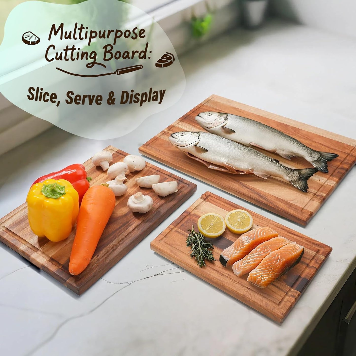 Acacia Wood Cutting Board Set with Stand | 3 Pcs Knife-Friendly Non-Slip Wooden Cutting Boards for Kitchen | 0.7″Thick Butcher Block | Large Solid Chopping Boards with Juice Groove