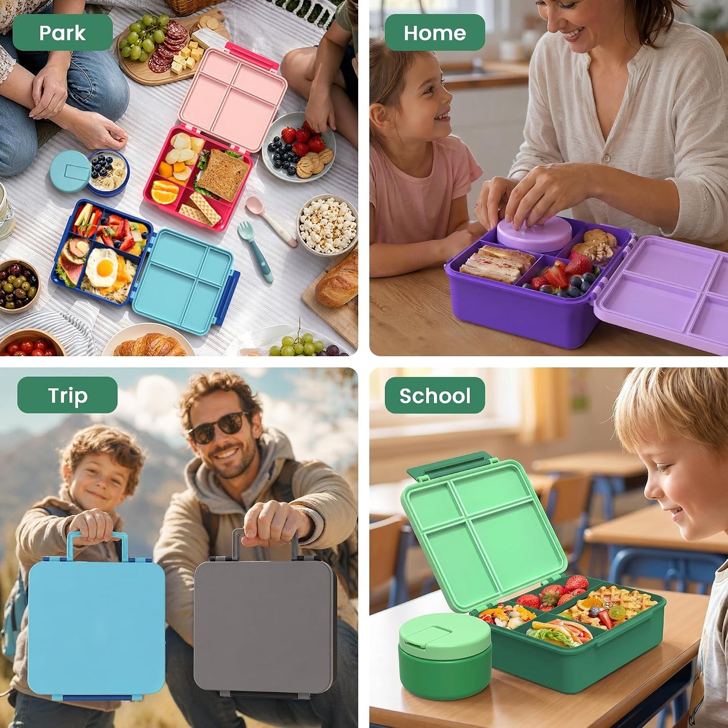 LOHASOK Bento Lunch Box Kids with 8oz Soup Thermo, Leak-Proof Lunch Containers with 4 Compartment, Thermo Hot Food Jar and Insulated Lunch Box for School Blue