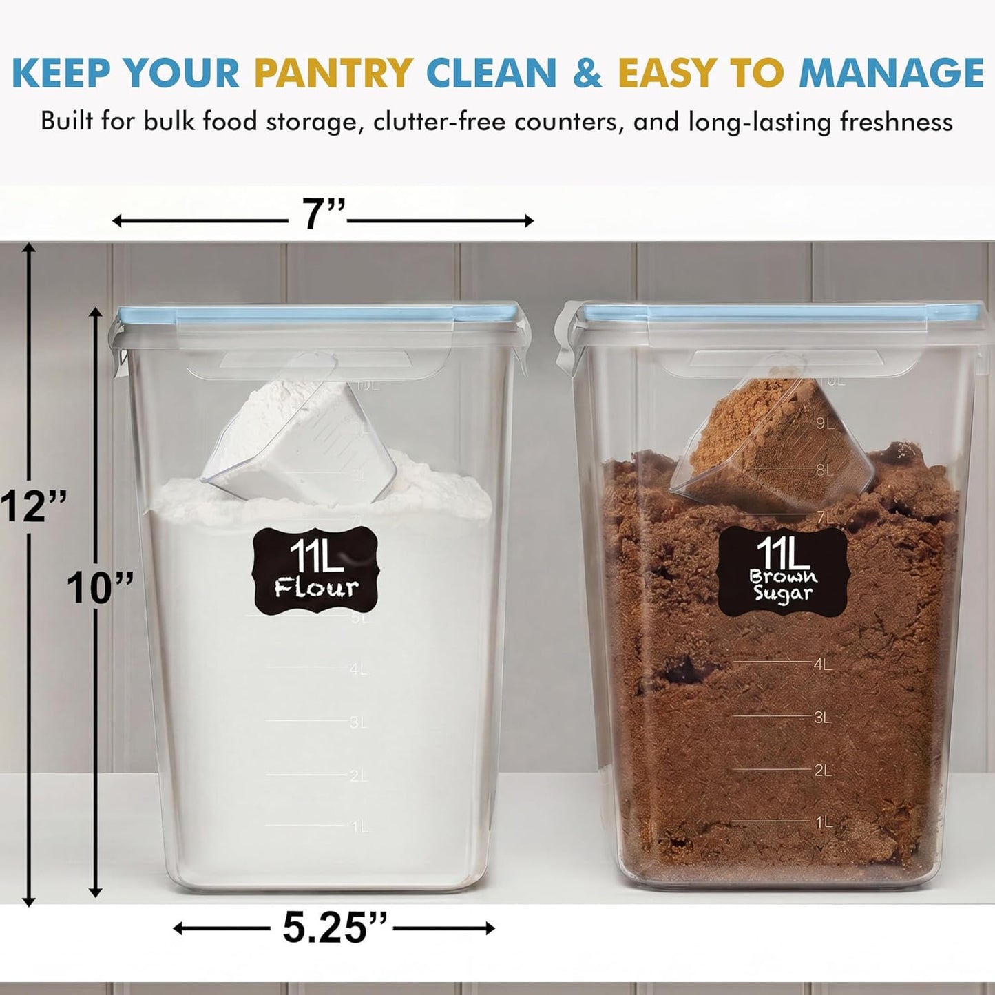 Shazo 2 PC (11L | 372 oz) Flour Sugar Storage Containers with Easy Carry Handle - Plastic Extra Large Food Storage Containers with Lids for Rice Cereal, BPA Free & Airtight Kitchen Pantry Organization