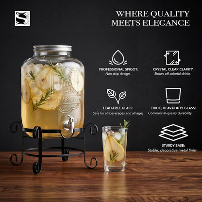 Style Setter Beverage Dispenser Cold Drink Dispenser Glass Jug, Metal Stand & Leak-Proof Acrylic Spigot Great for Parties, Weddings & More (With Metal Rack)