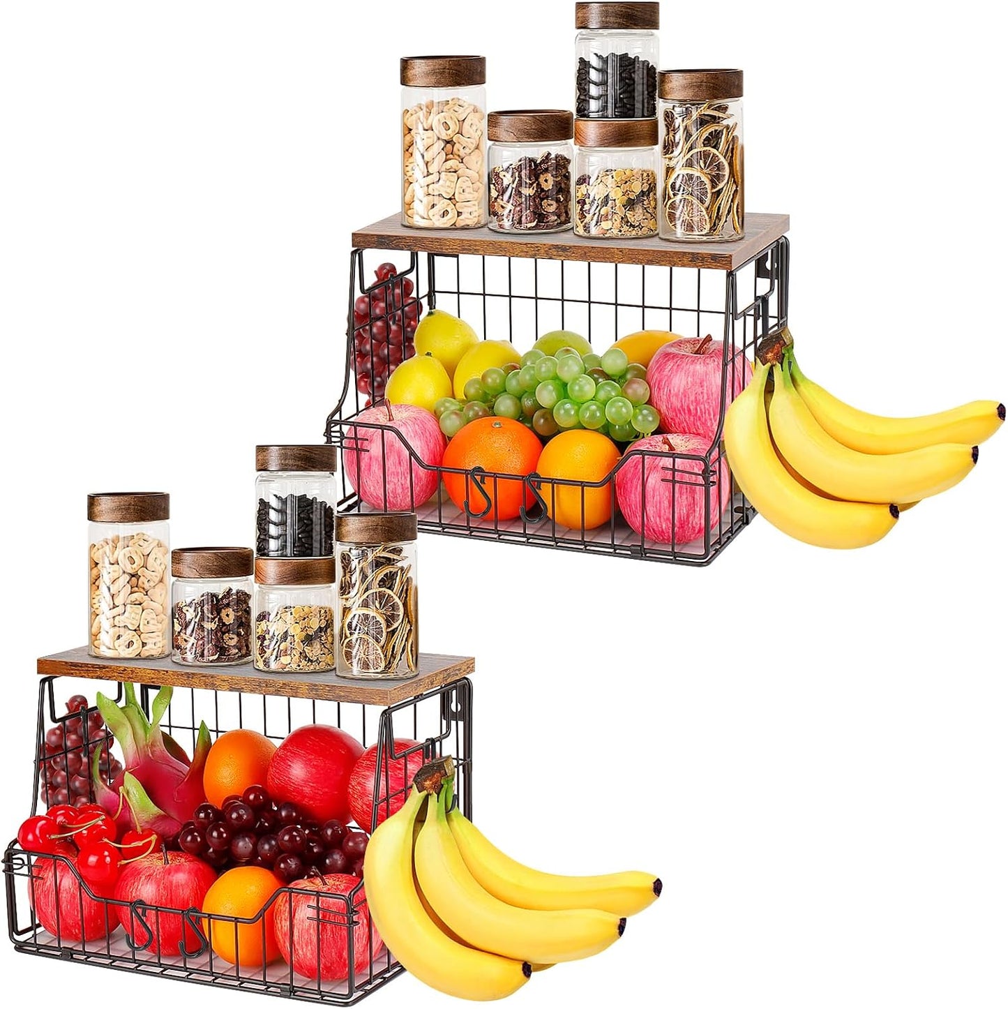 Livabber Fruit Basket for Kitchen, Metal Fruit Vegetable Storage Bin with 2 Banana Hangers, Countertop Wire Basket Organizer for Snack Potato Onion, Screw Mounted or Stand (Black, 1 Pack)