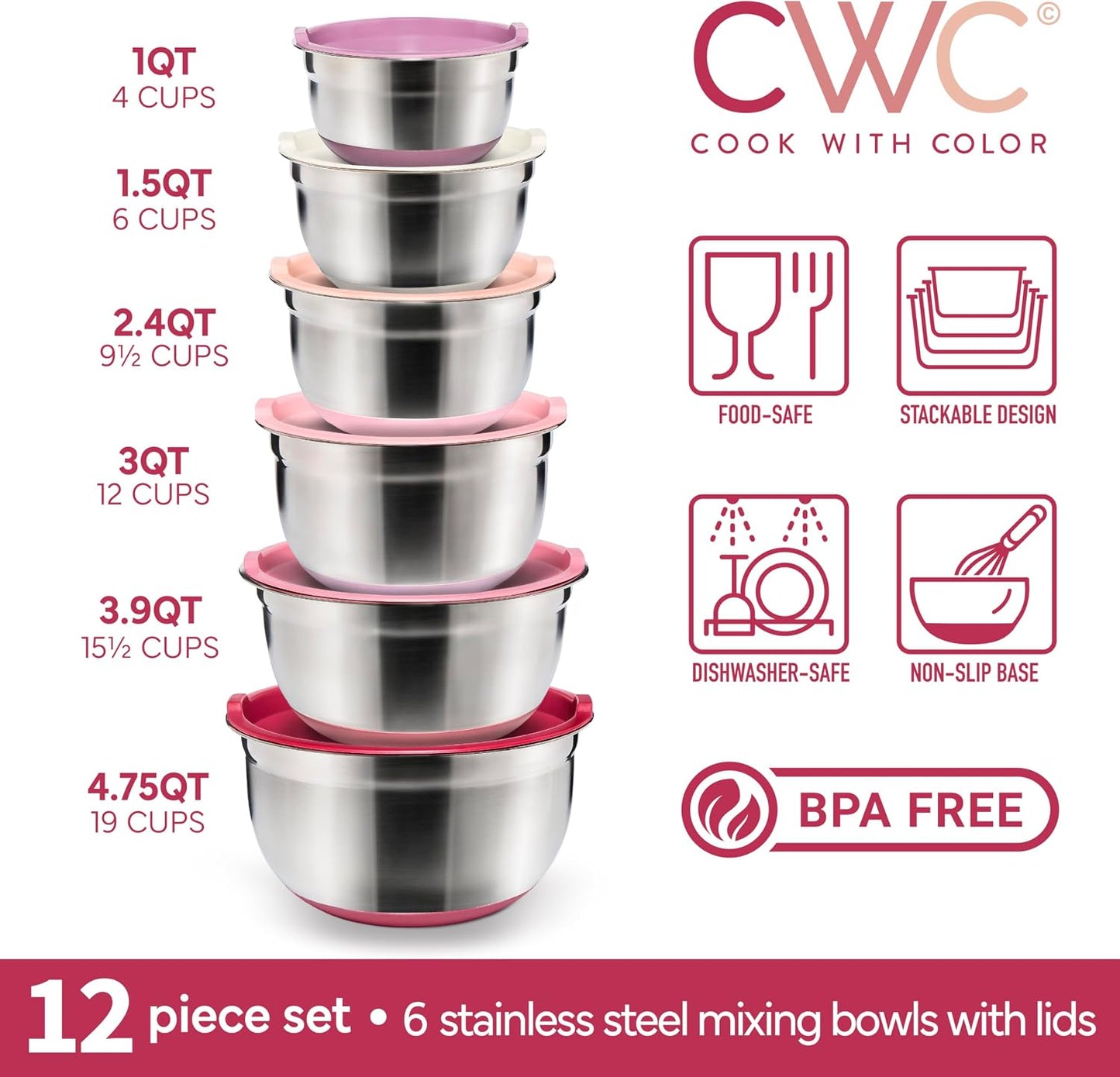 COOK WITH COLOR Stainless Steel Mixing Bowls Set with Lids - Nesting Bowls with Non-Slip Bottom, Sage, 12 Pieces