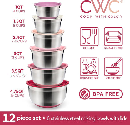 COOK WITH COLOR Stainless Steel Mixing Bowls Set with Lids - Nesting Bowls with Non-Slip Bottom, Sage, 12 Pieces