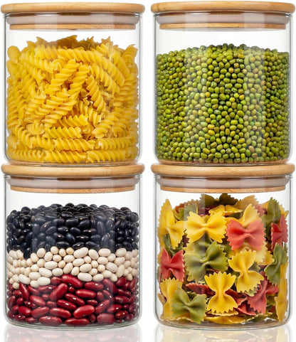 32oz - 4 Pack Glass Jars with Bamboo Lids, Glass Pantry Storage Containers with Airtight Lids, Round Air Tigh Food Storage Canisters for Cereal, Pasta, Flour, Sugar, Rice, Best for Kitchen Organizer