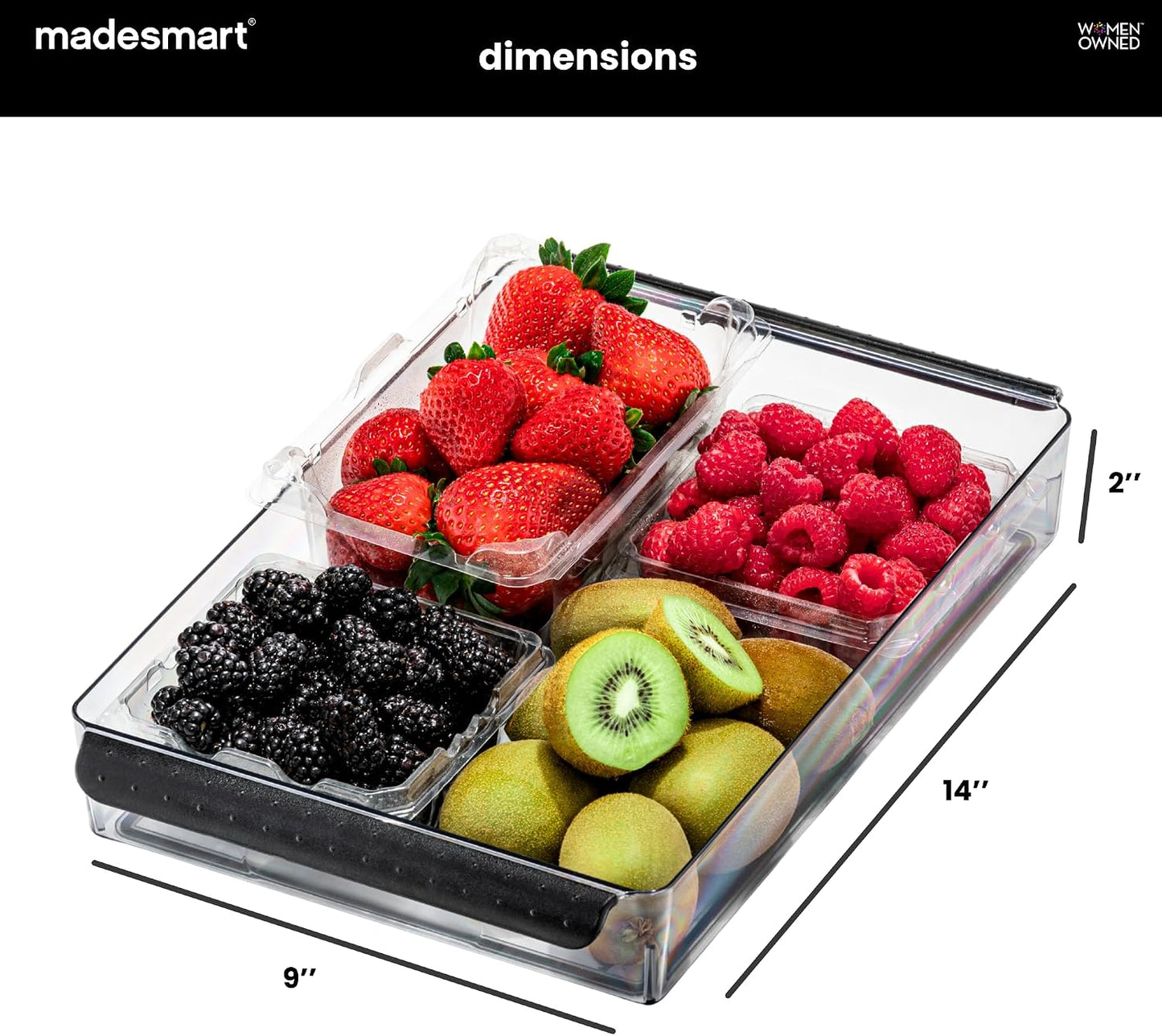 madesmart Fridge Portable Tote, Condiment Caddy with 2 Compartments, Pop-Up Handle & Non-Slip Base, Refrigerator Organizer for Sauces, Jars & Small Items, Clear