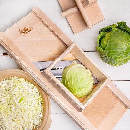 Traditional Wooden Cabbage Shredder Slicer with Hand Guard for Finely Cut Sauerkraut and Coleslaw - Heirloom Quality - Made in Europe - Beech Wood - Stainless Steel Blades
