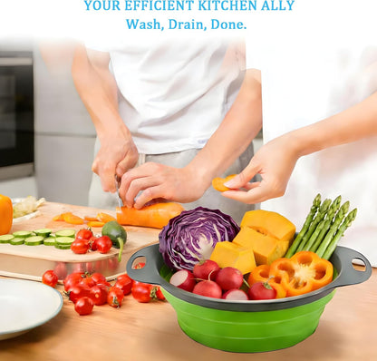 UVB Collapsible Colander Set, Space-Saving Foldable Kitchen Strainer for Pasta, Vegetables & Fruit, Colander for Kitchen with 2 Stainless Steel Hooks & Silicone Funnel – Blue
