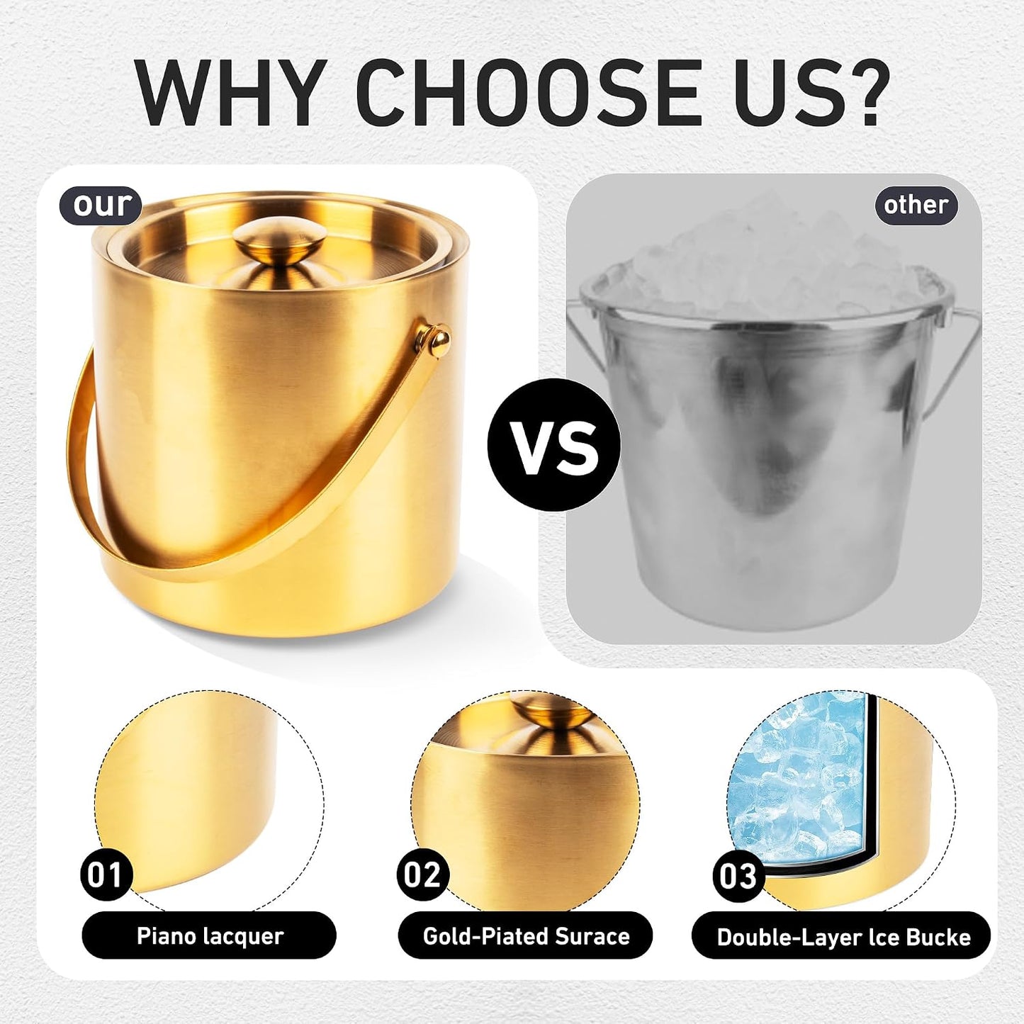 3L beige white Double Wall Insulated Stainless Steel Ice Bucket with scoop for Cocktail Bar,Metal Ice Bucket for freezer with Lid for parties.ice Container to Keep Ice Colder,bar cart accessories