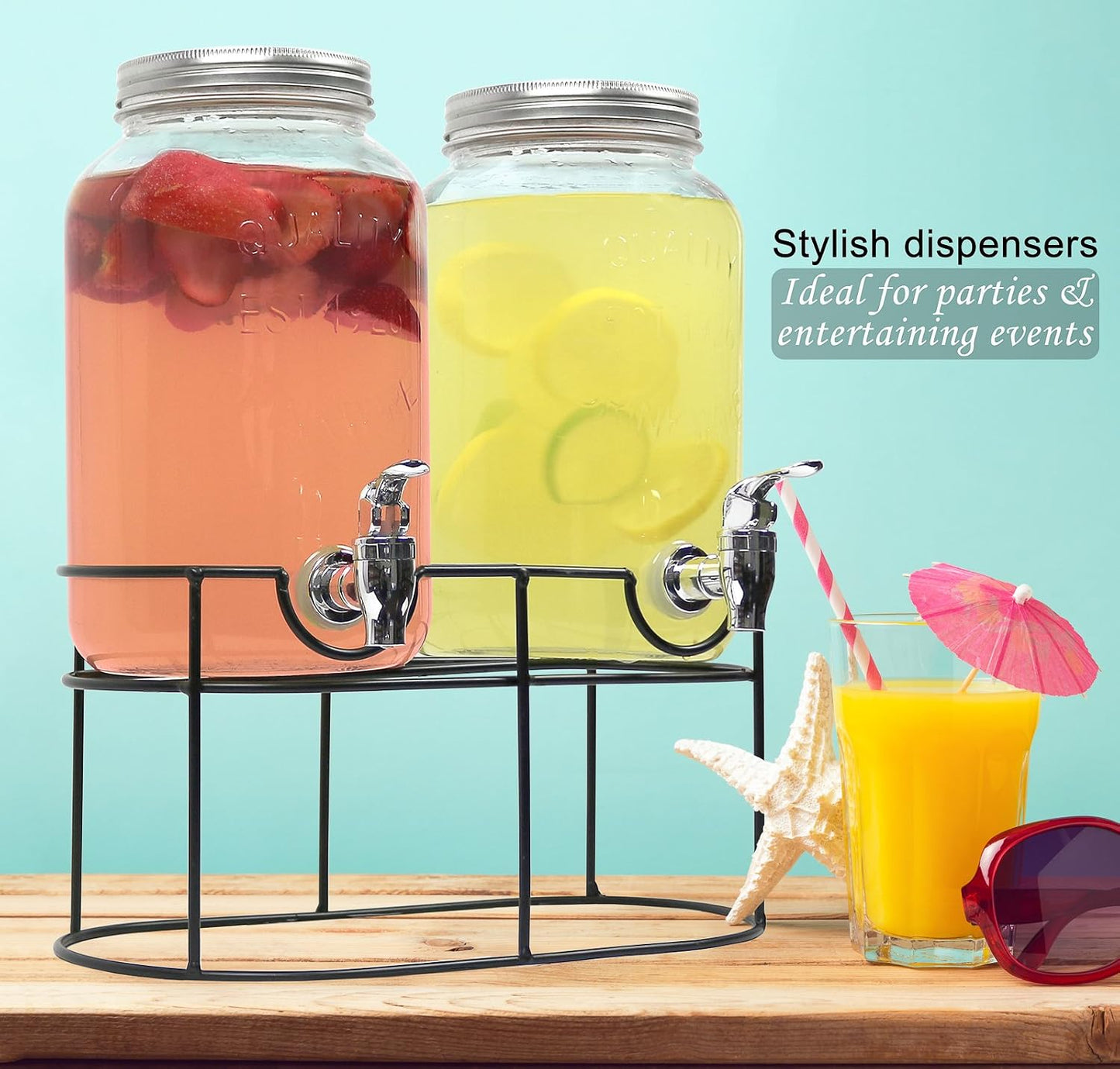 Estilo Gallon Drink Dispenser with Stand - Glass Beverage Dispenser with Stand for Weddings - Sun Tea Jar with Spigot 1 Gallon - Countertop Glass Water Dispenser for Lemonade and Parties