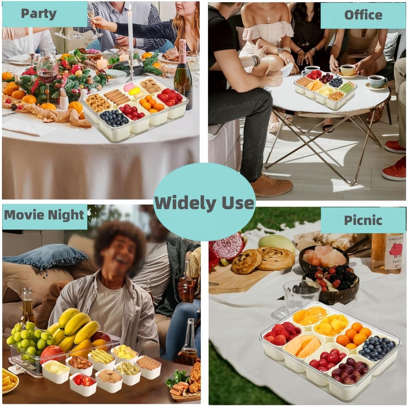 Divided Serving Tray with Lid and Handle, Snackle Box Container Portable Snack Platters with 7 Compartments & Forks, Ice Chilled Organizer for Fruits, Veggies, Salad, Perfect for Entertaining,Picnic
