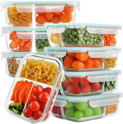 Bayco 8 Pack Glass Meal Prep Containers 3 Compartment, Glass Food Storage Containers with Lids, Airtight Lunch Bento Boxes, Leak Proof (8 lids & 8 Container) - Grey