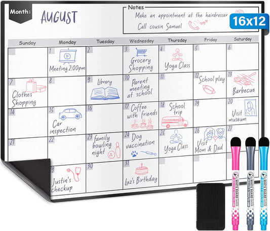 Magnetic Calendar - 16x12 Whiteboard - Dry Erase Calendar for Fridge - Monthly Refrigerator White Board Sheet with 3 Colorful Markers & Eraser, Meal Planner & Family Orgnanizer - by Yes4Quality