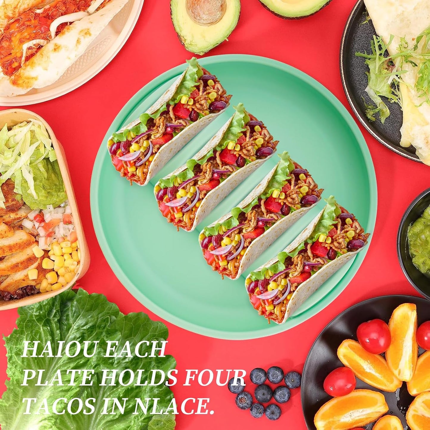 Haiou Silicone Taco Plates Set of 2 - The Ultimate Taco Holder Stand for Mess-Free Family Dinners & Parties, Microwave & Oven Safe Taco Tray, Holds 4 Shells Each