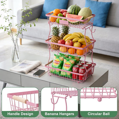 Fruit Basket Bowl 2 Tier Detachable with 2 Banana Hangers, Fruit Stand Holder for Kitchen Countertop, Metal Wire Vegetable Storage Organizer, for Bread Snack Veggies Produce, Black