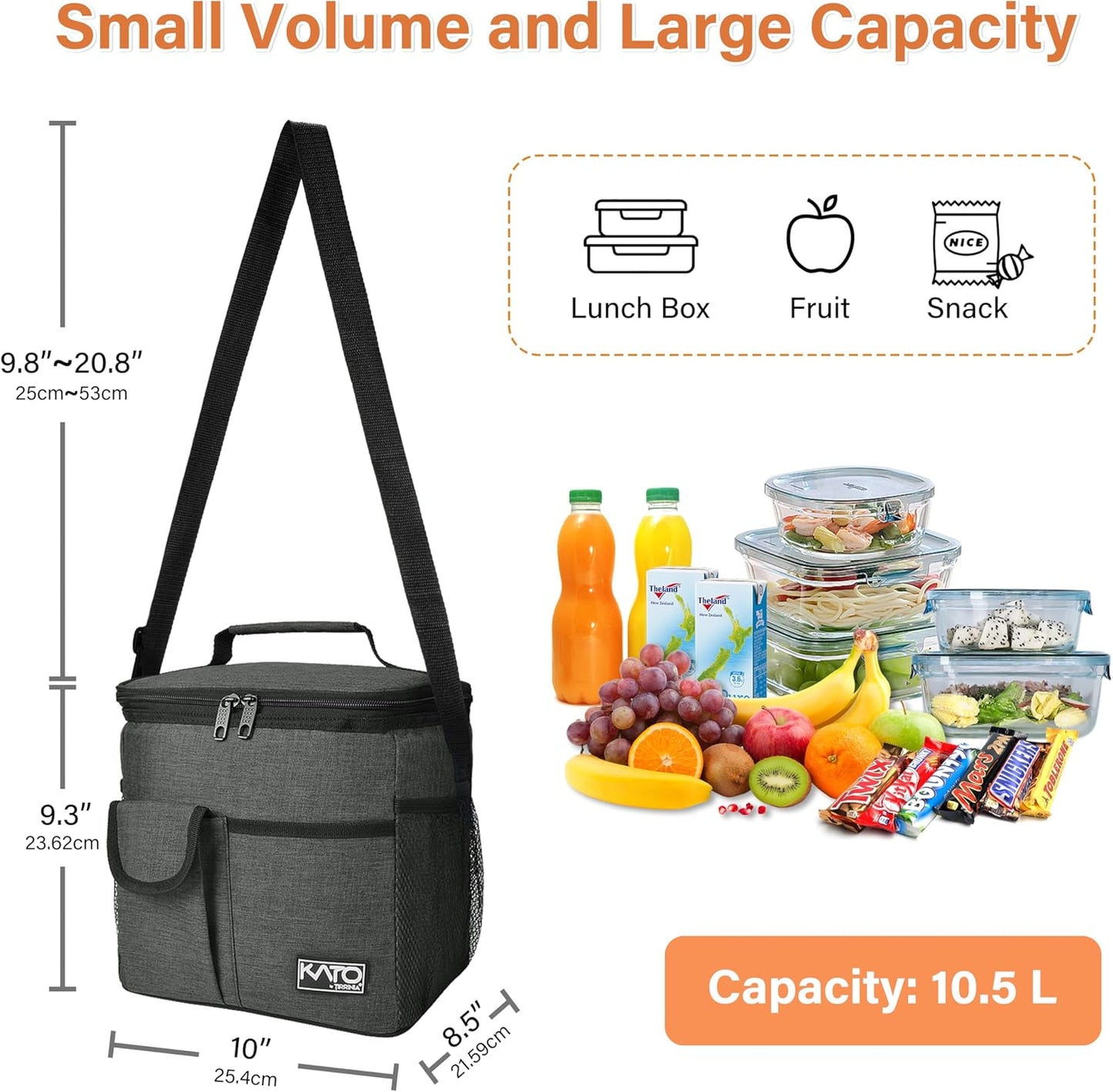 Tirrinia Insulated Lunch Bag for Women Men, Leakproof Lunch Box Containers for Adult, Work, School, Soft Lunchbox for Kids,Boys, Adult Cooler Bag for Picnic Hiking Beach,Charcoal