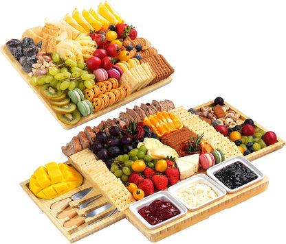 Large Charcuterie Board Set with Knife Set, 12.6" × 11.2" Square Fruit Tray, Bamboo Cheese Platter (Double-Drawer), Great for Group Gatherings, House Warming Gifts New Home, Birthday Gifts for Women