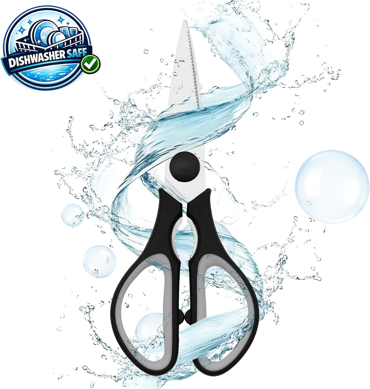 Grip Multi-Purpose Stainless Steel Kitchen Scissors - Non-Slip TPR Grip - Serrated Blade - Cuts Meat, Vegetables, Fish, Poultry, Fruits, Pizza - Nut cracker/Bottle opener - Dishwasher Safe (Blk/Grey)