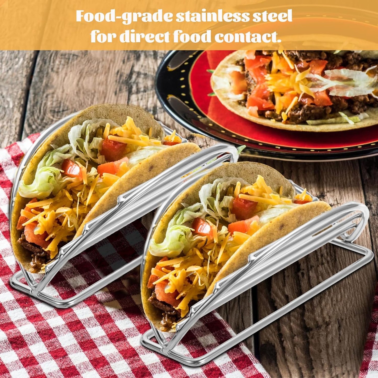 BSTKEY Taco Holders Set of 5, Stainless Steel Taco Stand, Soft or Hard Shell Taco Rack for Taco Bar, Burritos and Tortillas Holder for Kitchen Restaurant
