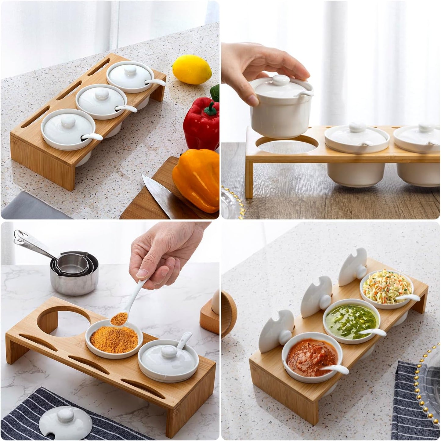 MyGift 10 Pcs Condiment Pot Serving Dish Set, Hosting Essentials, Premium Acacia Solid Wood Raised Display Server Tray and 3 Ceramic Ramekin Dip Bowls with Lids and Spoons