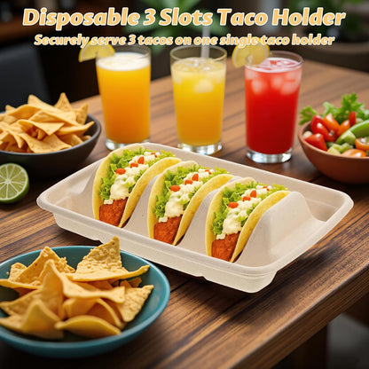 150Pcs Disposable Taco Holders for Party, Premium Bagasse Pulp Taco Plates, Taco Plates with 3 Dividers, 3-Slot Taco Tray Holder, Taco Bar Serving Set for Party Taco Tuesday Hot Dog Sandwich