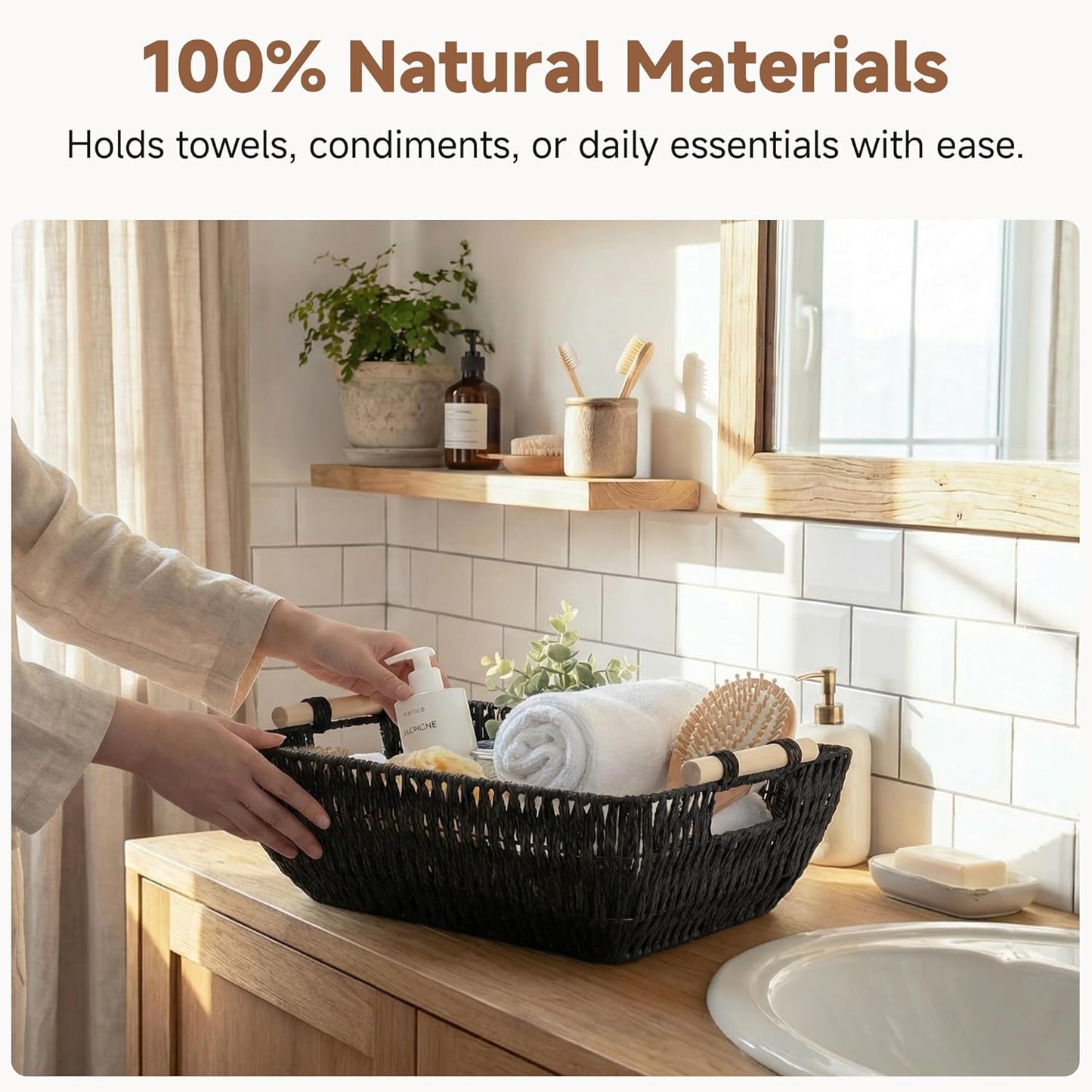 StorageWorks Hand-Woven Storage Baskets with Wooden Handles, Water Hyacinth Wicker Baskets for Organizing, 2 Pack