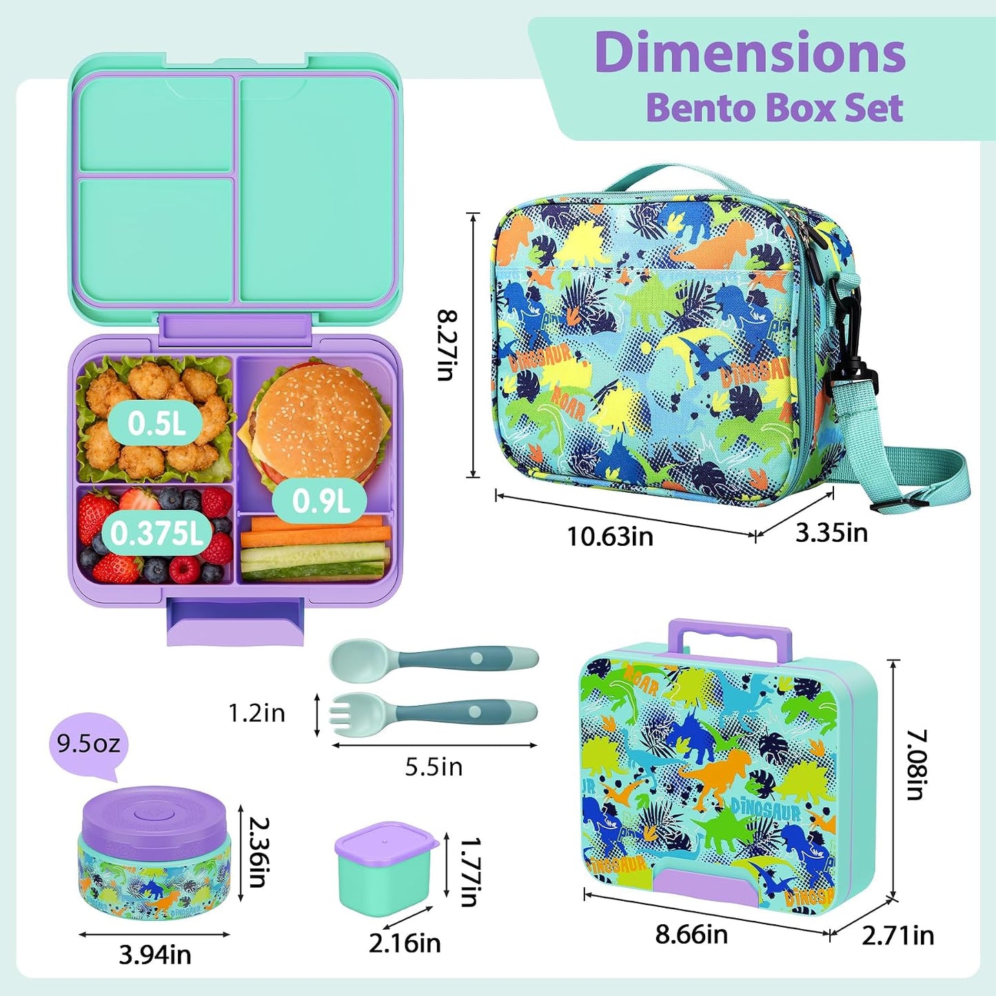 Kids Bento Lunch Box Set with 9.5oz Soup Thermo, Leak-Proof Lunch Food Containers with 3 Compartment and Removable Inner Tray, Insulated Hot Food Jar with Lunch Bag for School, Office, Sea Blue