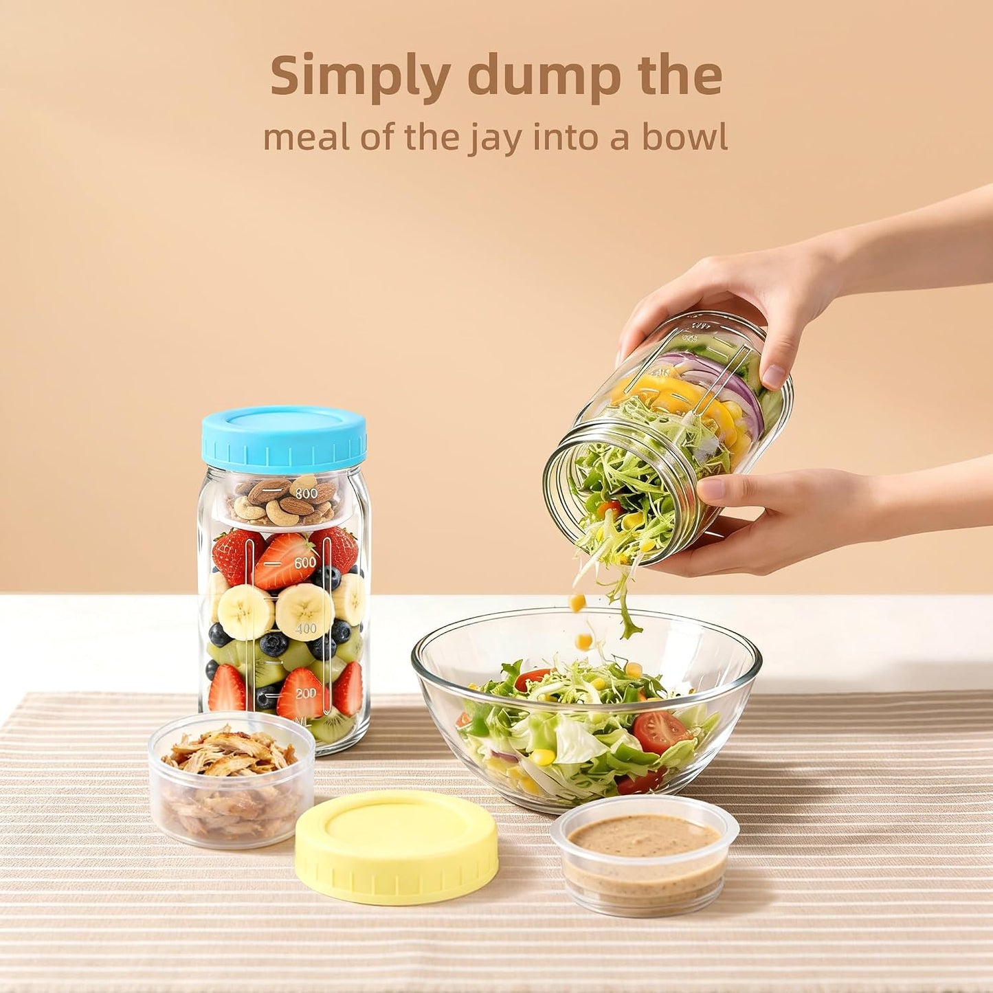 4Pack Glass Salad Jars with lids meal prep- 32oz Leakproof container for lunch | Comes with 2 Built-In Compartments for Wet/Dry Separation | salad dressing and dry ingredients storage.