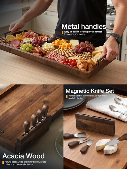 TIDITA Acacia Large Charcuterie Boards for Party with Cheese Knife Set of 4 – Acacia Wood Serving Tray with Handles, Long Charcuterie Board, Wooden Cheese Board (Walnut Color, 30 Inch)
