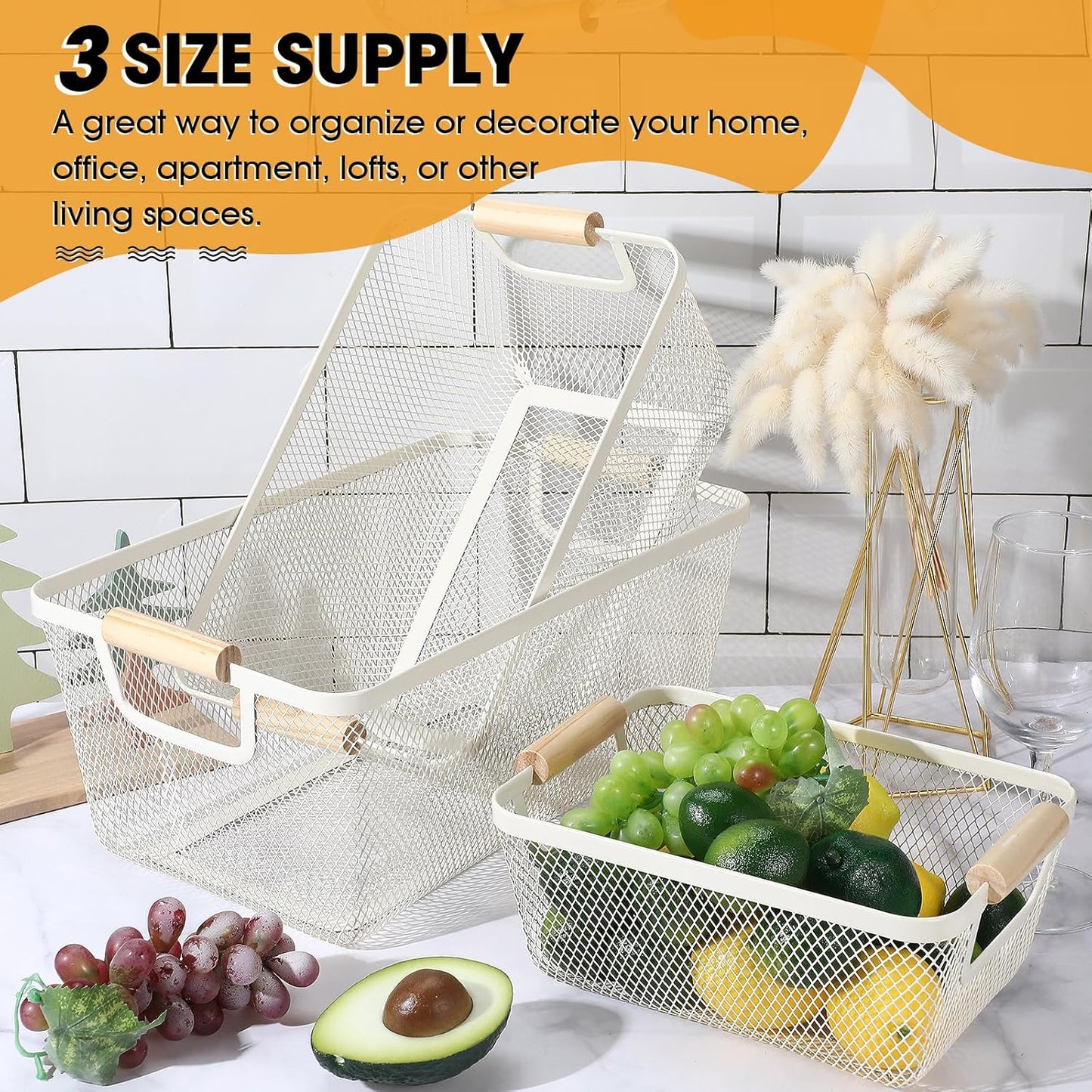 Ziliny 4 Pcs Metal Mesh Wire Baskets with Wooden Handles for Organizing, Pantry Organizers and Storage Steel Bin Kitchen Baskets for Fruit Potato Onion Snacks Bathroom Cabinet(Medium,Cream White)