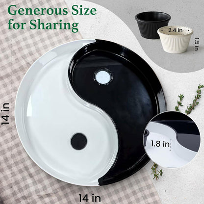 Chip and Dip Serving Tray – Yin Yang Divided Snack & Appetizer Platter with Built-In Dip Bowls, 14” Large Round Hosting Plate for Charcuterie, Fruit, Veggies & Party Snacks