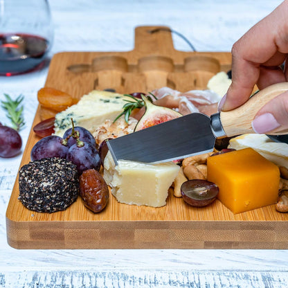 Bamboo Cheese Board and Knife Set – 14 inch Round Charcuterie Board, Serving Tray, Platter, Wood Cheeseboard Set with Slide-Out Drawer – BlauKe®