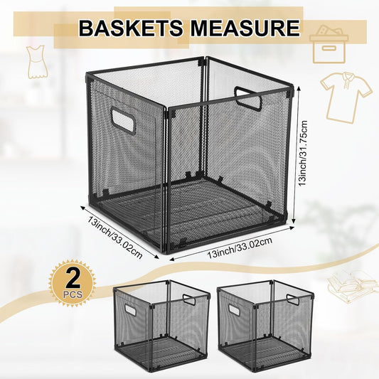 Funnymoom 2 Pcs Foldable Metal Wire Basket 13 x 13 Inch Black Cube Storage Bins Stackable Wire Laundry Baskets Organizer with Handle for Shelves Pantry Cabinet File Graduation Gift