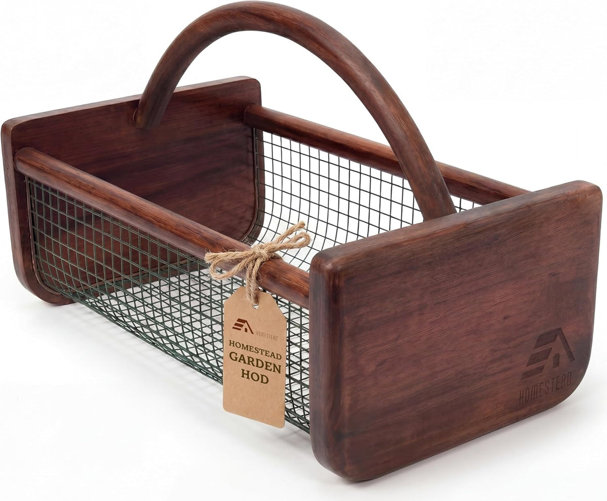 HOMESTEAD Garden Hod Harvest, Durable Acacia Wood Frame with Rotating Handle Basket, Farmhouse Basket for Home Improvement, Gardening, Farm, Kitchen, Indoor Outdoor Use, Natural Color