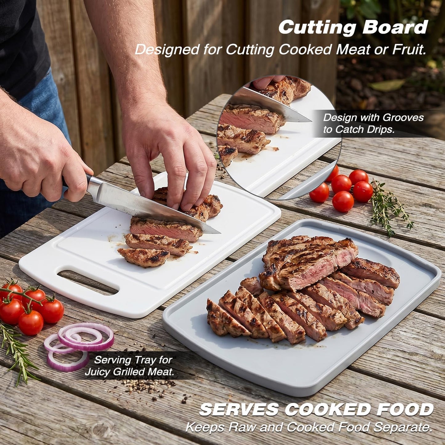 Sunmei Grill Prep and Serving Trays, 3-in-1 Stackable BBQ Food Tray, 5PCS BBQ Serving Set with Marinating Container, Serving Platter, Cutting Board and 2PCS Colored 12-Inch Grill Tongs (Green)