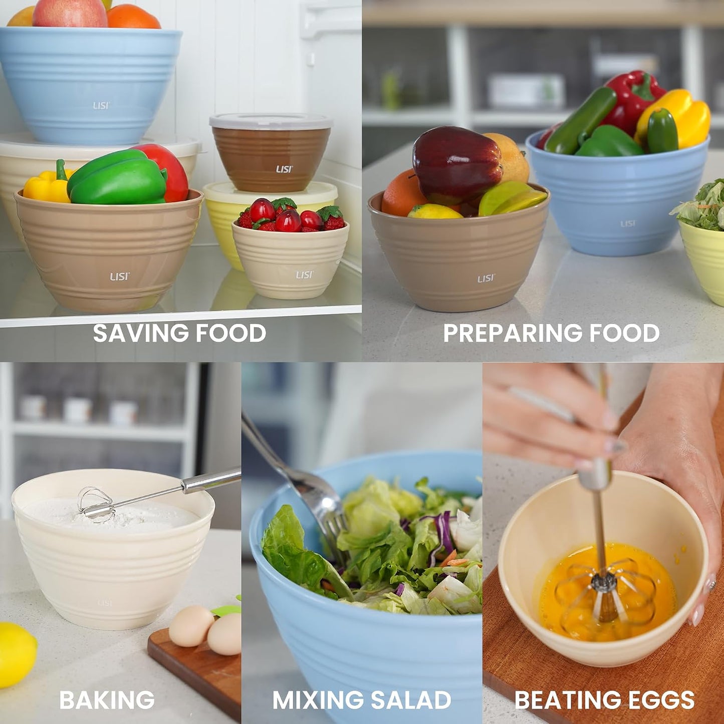 LISI 23Pcs Mixing Bowls Set with Lids, Airtight BPA-Free Nesting Bowls for Mixing, Baking, Cooking & Storage, Dishwasher Safe Serving Bowl, Includes Spatula, Spoons, Brush & Whisk