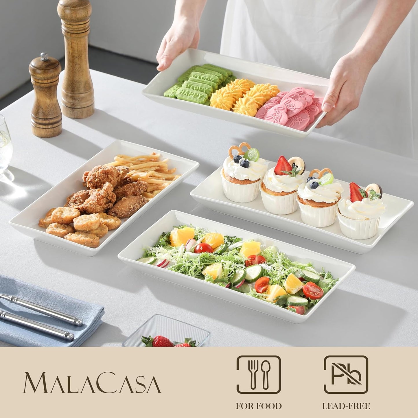 MALACASA Serving Platters Set of 4, Ceramic Serving Platters and Trays for Serving Food, Rectangular Serving Trays for Party, Large Serving Plates, Party Serving Trays and Platters - 14 Inch, White