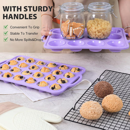 2 Pack Silicone Muffin Pan 12 and 24 Cup with Metal Frame,Non Stick Silicone Mini Cupcake Pan with Handles, BPA Free Silicon Regular Muffin Tin Tray Small for baking, egg bites, Mold Grey