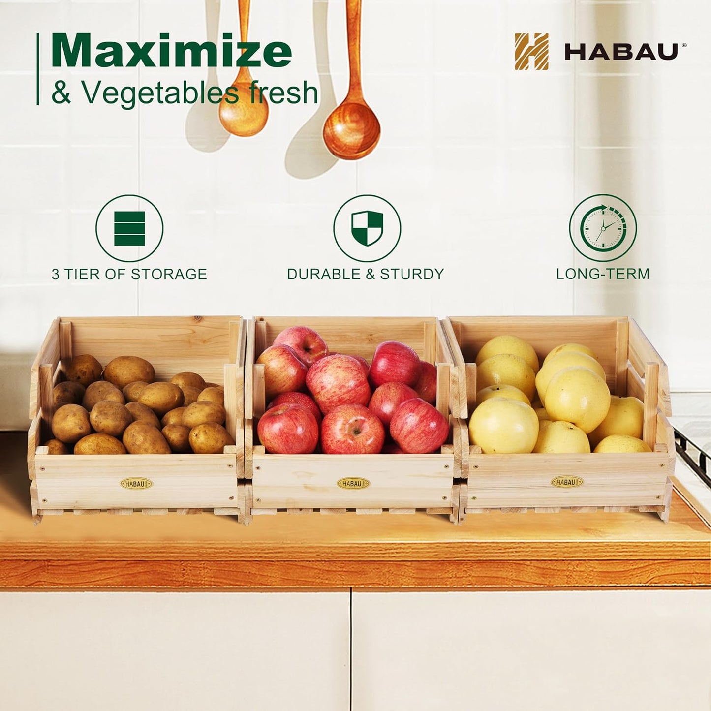 HABAU Wood Potato Onion Storage Bins - Wooden Stackable Produce Basket - Fruit Vegetable Storage for Kitchen Pantry Organization, Set 3 Pieces