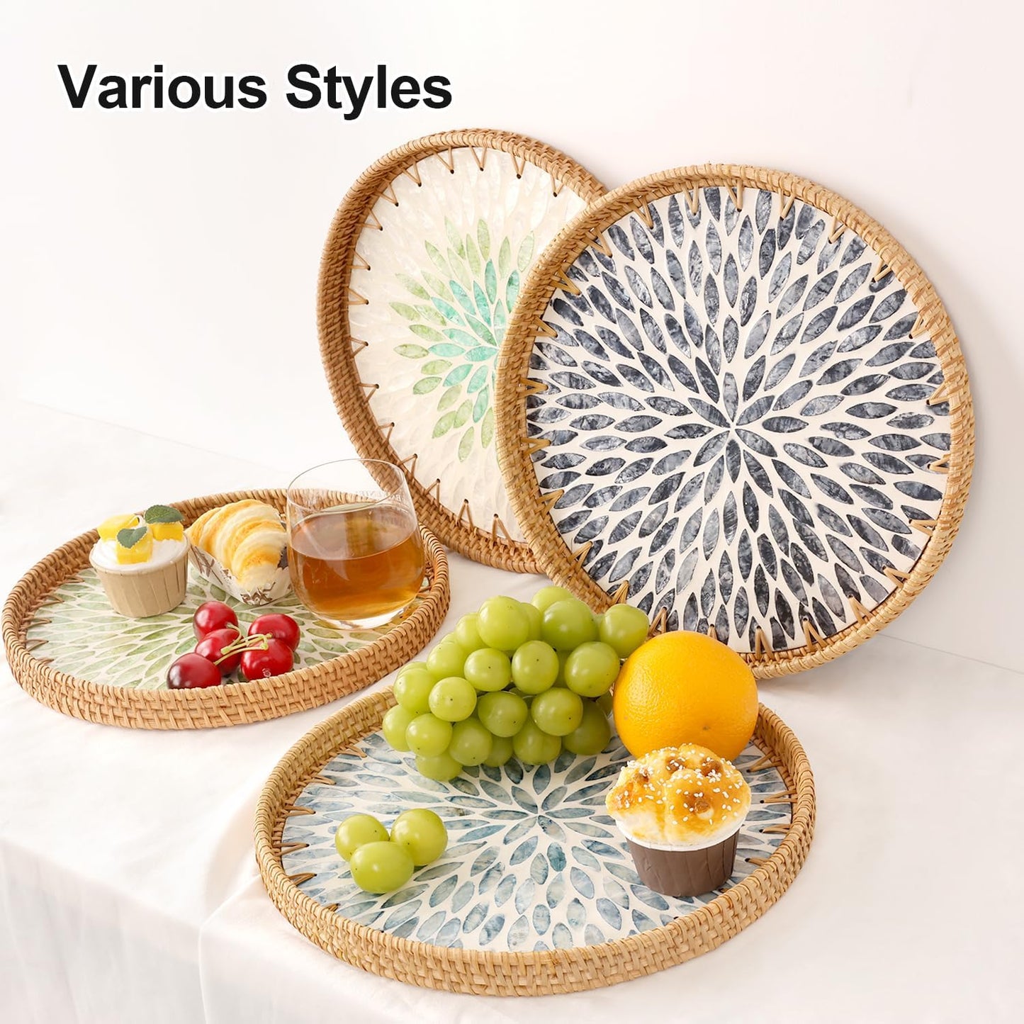 Round Rattan Tray with Mother of Pearl Inlay, Rattan Serving Tray for Coffee, Bread, Fruits, Decorative Wicker Tray for Table Decor, Home Decor, Kitchen Island Decor(Black Checkerboard, 11.8")