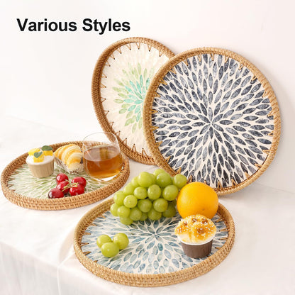 Round Rattan Tray with Mother of Pearl Inlay, Rattan Serving Tray for Coffee, Bread, Fruits, Decorative Wicker Tray for Table Decor, Home Decor, Kitchen Island Decor(Black Checkerboard, 11.8")