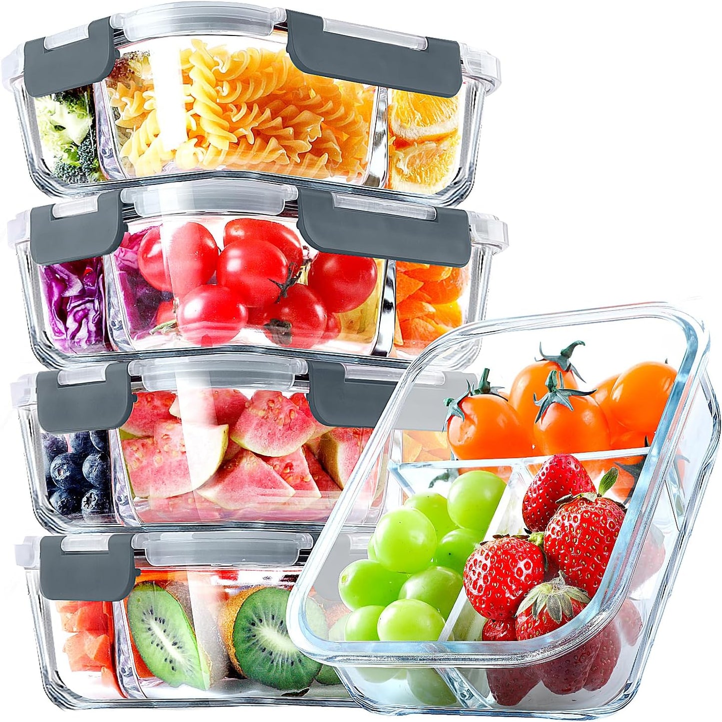VERONES 5 Pack Glass Meal Prep Containers 3 Compartment Set, 36OZ Airtight Glass Lunch Containers, Glass Food Storage Containers with Lids, for Microwave, Oven, Freezer & Dishwasher Friendly,Green