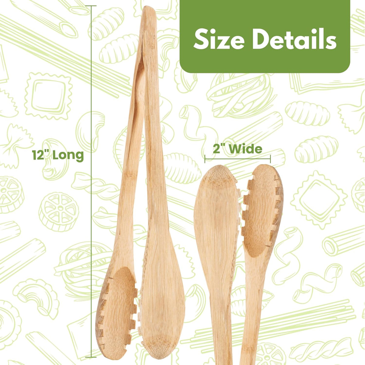 12" Pasta Salad Bamboo Tongs – Natural Wooden Tongs For Cooking & Serving Food, Wooden Kitchen TongsW/Teeth For Pasta Spaghetti Noodles, Salad & Oven Toaster Baking, Heat Resistant Long Wood Tong