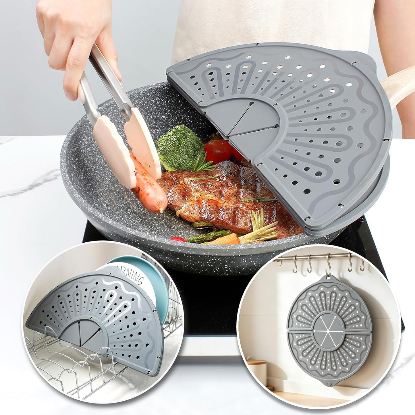 Foldable Silicone Splatter Screen for 10-12" Pans, BPA-Free, Gray | Foldable Splash Guard, Multi-Use Grease Splatter Guard/Trivet Mat,Non-Stick Oil Splatter Guard, Dishwasher Safe